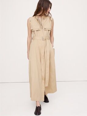 Stretch cotton utility maxi dress Sleeveless Belted Maxi Trench Dress in Beige.